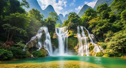 Majestic Waterfall with Turquoise Pool and Karst Mountains. Scenic Waterfall Landscape with Misty Peaks. Tropical Waterfall with Limestone Cliffs and Foliage.