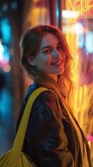 Obraz premium Vibrant nighttime portrait of a young woman with a warm smile, standing against a colorful neon-lit background, radiating joy and urban energy