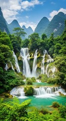 Hyperrealistic Waterfall with Turquoise Water and Mountains. Wide-Angle Landscape of a Dramatic Waterfall. Grand Waterfall Scene with Verdant Cliffs and Sky.