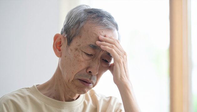 Elderly man experiencing stress and worry, holding his forehead in a moment of deep thought or concern.