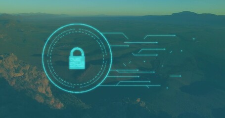 Concentric padlock interface graphic glowing over desert plateau, with luminous cyan circuit lines