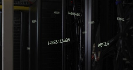 Displaying central server rack with servers and cables in data center aisle, with numeric overlays