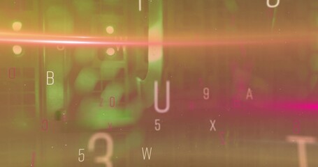 Floating translucent letters and numbers drifting across digital panel, with glowing light streaks