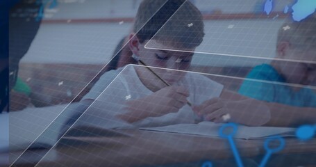 Writing student boy in white T-shirt scribbling in notebook at classroom desk, with grid overlay