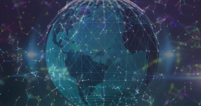 Spinning digital Earth globe hovering in virtual data network space, with glowing mesh and nodes - Powered by Adobe