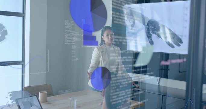 Gesturing woman in blazer presenting pie charts with code overlay in glass room, with monitor