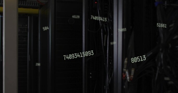 Displaying central server rack with servers and cables in data center aisle, with numeric overlays