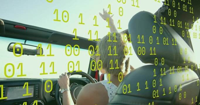 Driving woman in sleeveless top raising arm on sunny road, with red convertible and binary overlay - Powered by Adobe