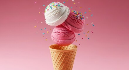 Delicious strawberry and vanilla ice cream scoops in a waffle cone against a soft pink backdrop