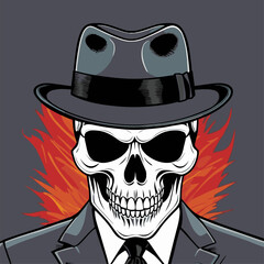 skull wearing a suit and fedora hat