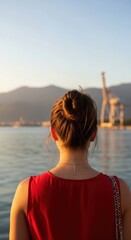Woman in Red Tank Top Contemplating a Serene Seascape. Backlit Portrait with Hazy Mountains and a Crane. Painterly Seascape with a Woman from Behind.