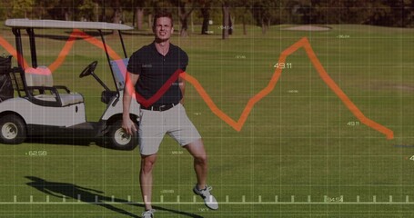 Standing golfer in golf attire studying red graph grid overlay on fairway, with white golf cart