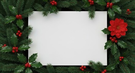 Festive christmas garland and holly border with a blank white space for text