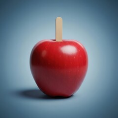 Single ripe red apple on a stick with a soft blue textured background