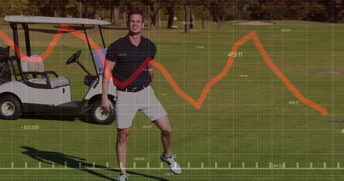 Standing golfer in golf attire studying red graph grid overlay on fairway, with white golf cart