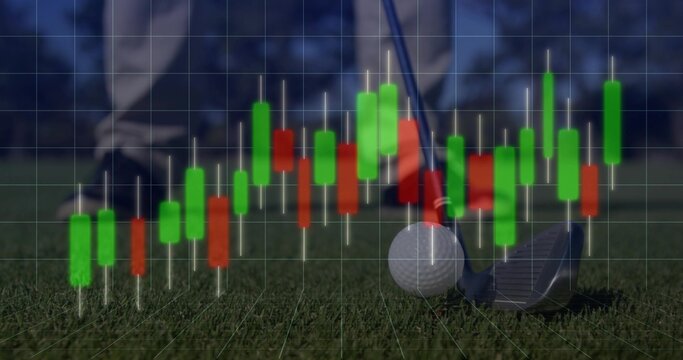Golfer in red trousers aligning club head behind white ball on green turf, with candlestick chart - Powered by Adobe