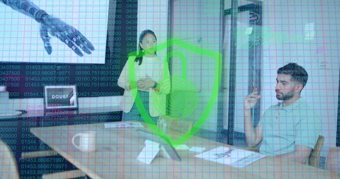 Presenting woman in white suit at meeting room, code overlay, shield lock icon, colleague gesturing
