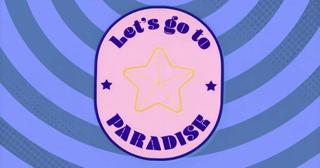 Displaying navy-bordered pink badge over violet spiral with yellow star, navy stars and navy text