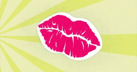 Featuring hot pink lips imprint on pale yellow backdrop in digital design, with lime green beams