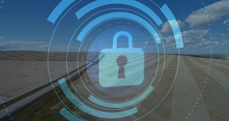 Displaying central padlock icon securing rural farmland via digital interface, binary code overlay