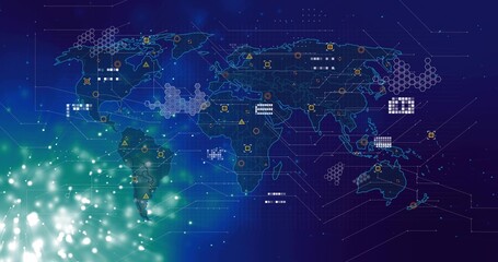 Displaying glowing digital world map projecting network icons and hex patterns on blue dashboard