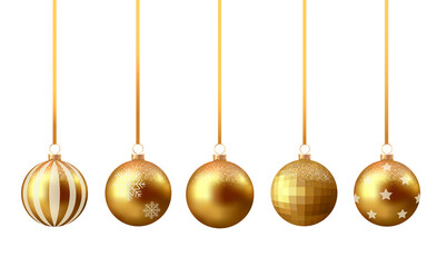 Collection of gold christmas balls with shadow isolated on transparent background	