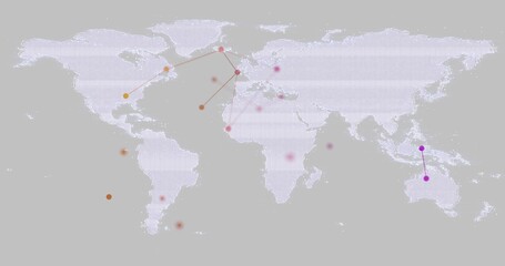 Displaying pixelated world map on grey backdrop showing orange red purple dots and linking lines