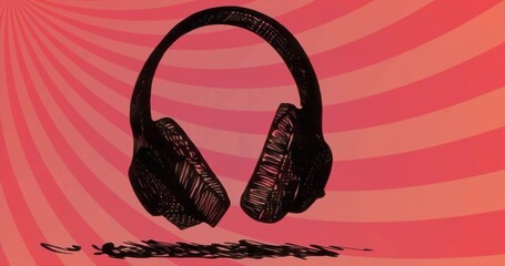 Floating sketch-style black headphones above scribbled shadow on graphic radial gradient backdrop