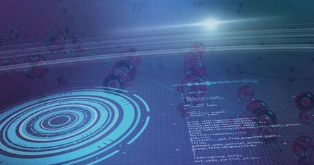 Projecting holographic ring interface on left in cyberspace with network spheres, copy space