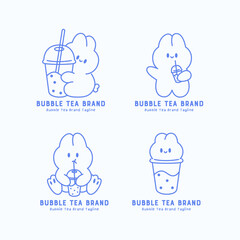 Adorable bubble tea logo set featuring cute bunny characters hugging cups and transforming into boba drinks. Blue monoline illustration for modern beverage branding and tea shop identity.