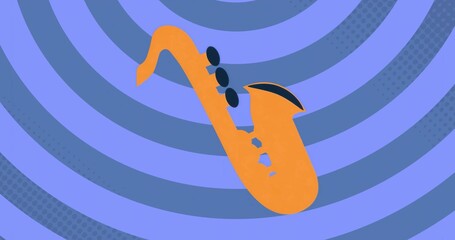 Featuring stylized orange saxophone silhouette in abstract illustration with blue concentric rings