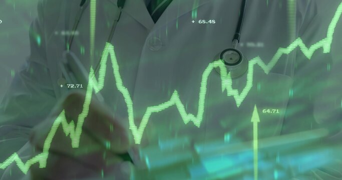 Writing physician wearing lab coat and stethoscope recording data at medical desk with green chart - Powered by Adobe