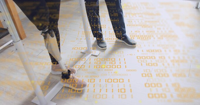 Balancing shoe-clad patient using prosthetic leg near parallel bars in rehab clinic, copy space - Powered by Adobe