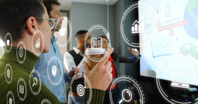 Presenting woman in green sweater holding coffee cup in conference room with tech icons, copy space