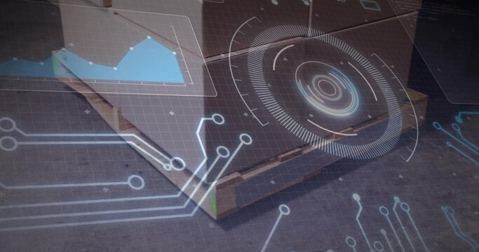 Fototapeta Displaying cardboard pizza box showcasing holographic HUD projections on wood tabletop, AR demo