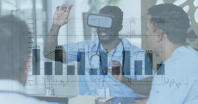 Gesturing doctor wearing VR headset, stethoscope at hospital training room, displaying data overlay
