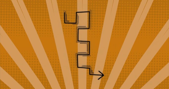 Pointing black zigzag arrow descending then turning right on orange radial backdrop, with halftone - Powered by Adobe
