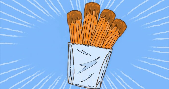 Naklejki Displaying white paper pouch holding chocolate-dipped pastry sticks, in graphic burst illustration