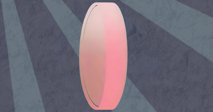 Featuring pill-shaped object glowing in dark grey textured backdrop, with diagonal light shafts