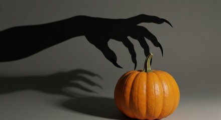 Creepy shadow hand reaching for a halloween pumpkin dramatic lighting spooky atmosphere