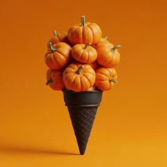 Autumn harvest ice cream cone filled with miniature pumpkins against orange backdrop