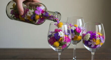 Delicate edible flowers being poured from a glass bottle into clear wine glasses for a decorative beverage garnish.
