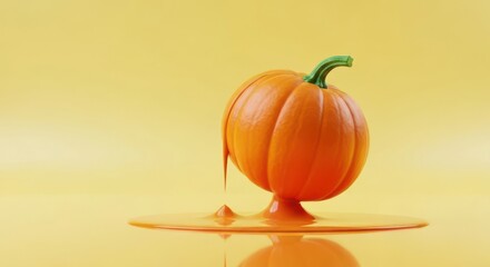 Ripe orange pumpkin with green stem on reflective surface autumn harvest food photography