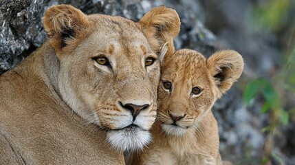 Obraz premium Majestic lioness and her adorable cub share an intimate moment, showcasing the powerful bond of motherhood in the wild with tender closeness and protective stance