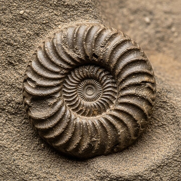 Spiral fossil imbedded in sediment rock; neutral lighting