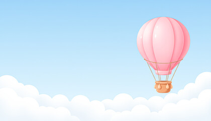 Fototapeta premium A pink hot air balloon glides through a clear blue sky with fluffy white clouds, evoking a sense of adventure and tranquility.