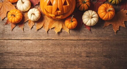 Halloween autumn harvest pumpkins carved jack-o-lantern on rustic wooden table with fall leaves
