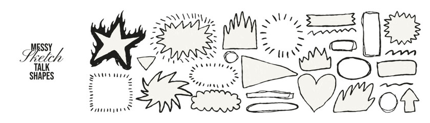 Black sketch talk shapes crayon drawn vector set. Rough doodle bubbles, flames, arrows, starbursts, scribbles for highlights and notes. Emphasis comic design for planners, scrapbooking.