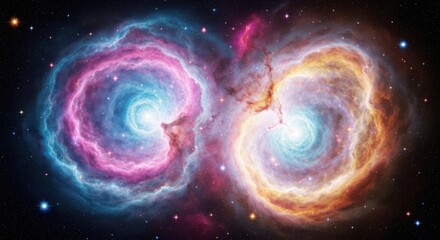 Stunning cosmic nebula pair twirling in deep space displaying vibrant pink and orange hues