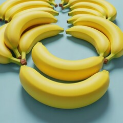 Bunch of ripe yellow bananas arranged in a curved pattern on a light blue surface